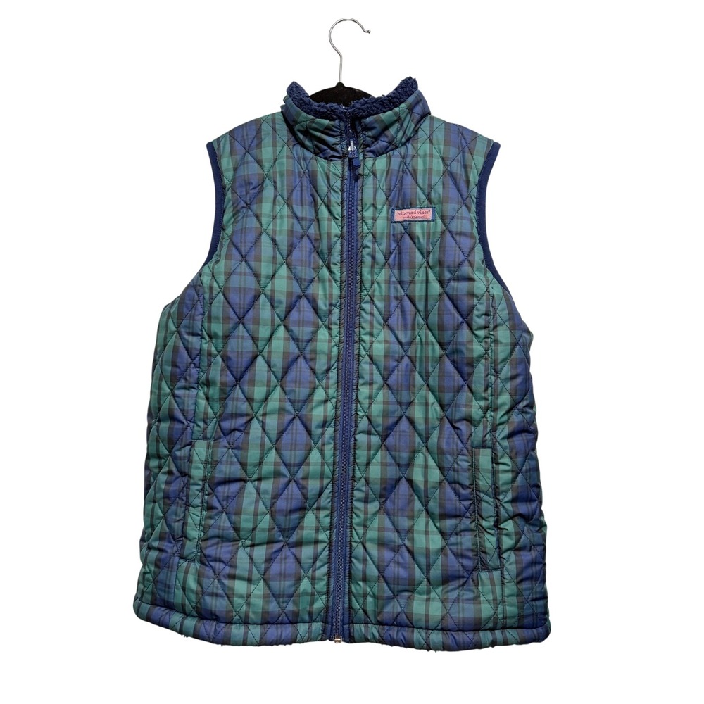 Vineyard Vines‎ Reversible Quilted Plaid Fleece Vest Women Navy Green